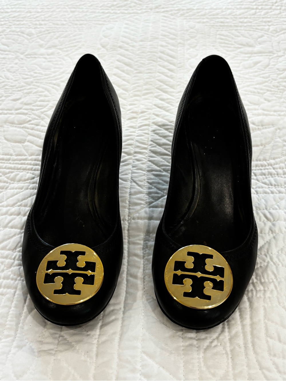 Tory Burch Sally Black Leather Logo Ballet Wedges